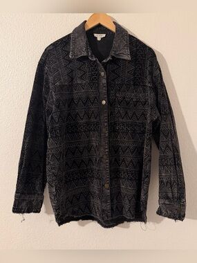 La Miel Shaket Jacket Southwestern Fringe Button Denim Courdaroy Shirt Black MD